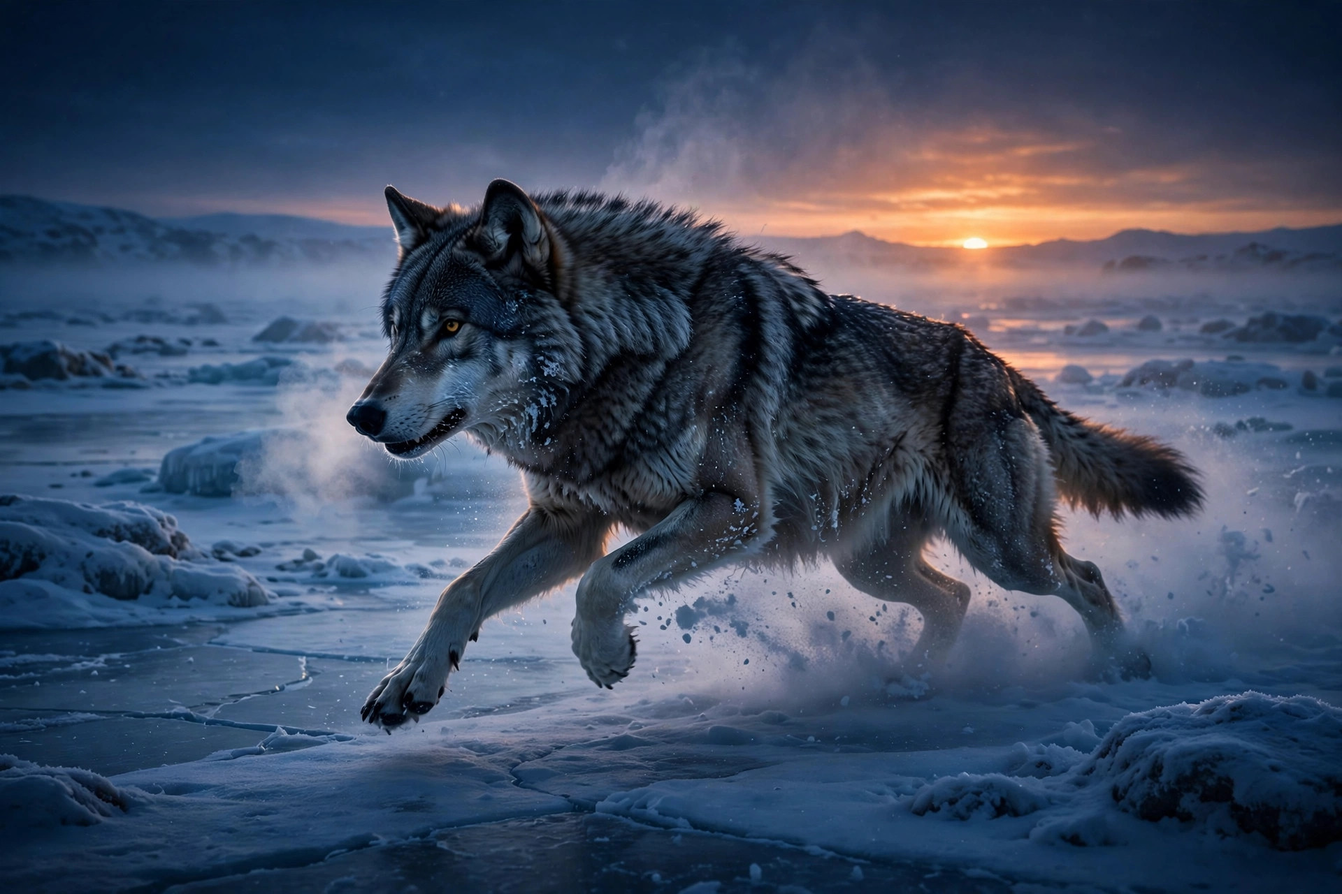 Lone wolf running through snow at dawn